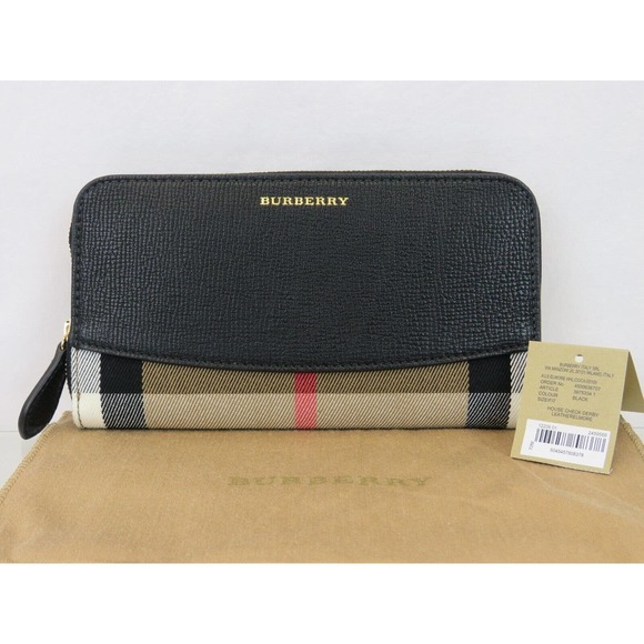 BURBERRY ELMORE BLACK HOUSE CHECK DERBY LEATHER ZIP AROUND LOGO CLUTCH WALLET - Picture 1 of 10